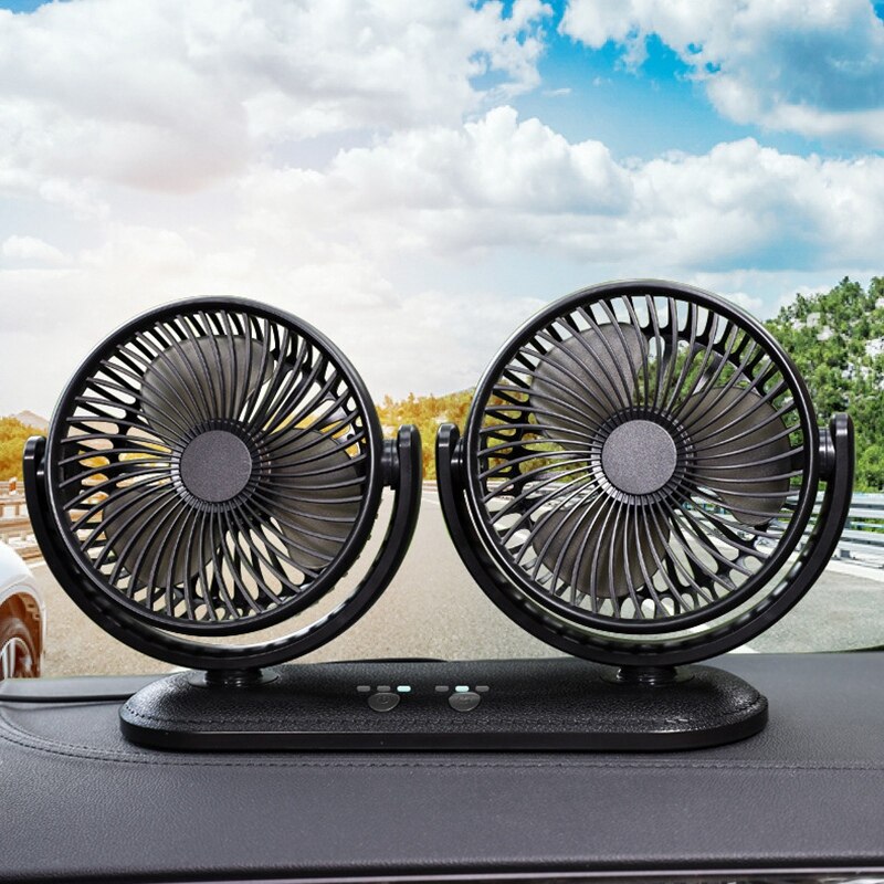 12/24v bærbar bilventilator justerbar 360 graders roterende ventilator luftkøling dobbelt hovedventilator usb stille desktopventilator