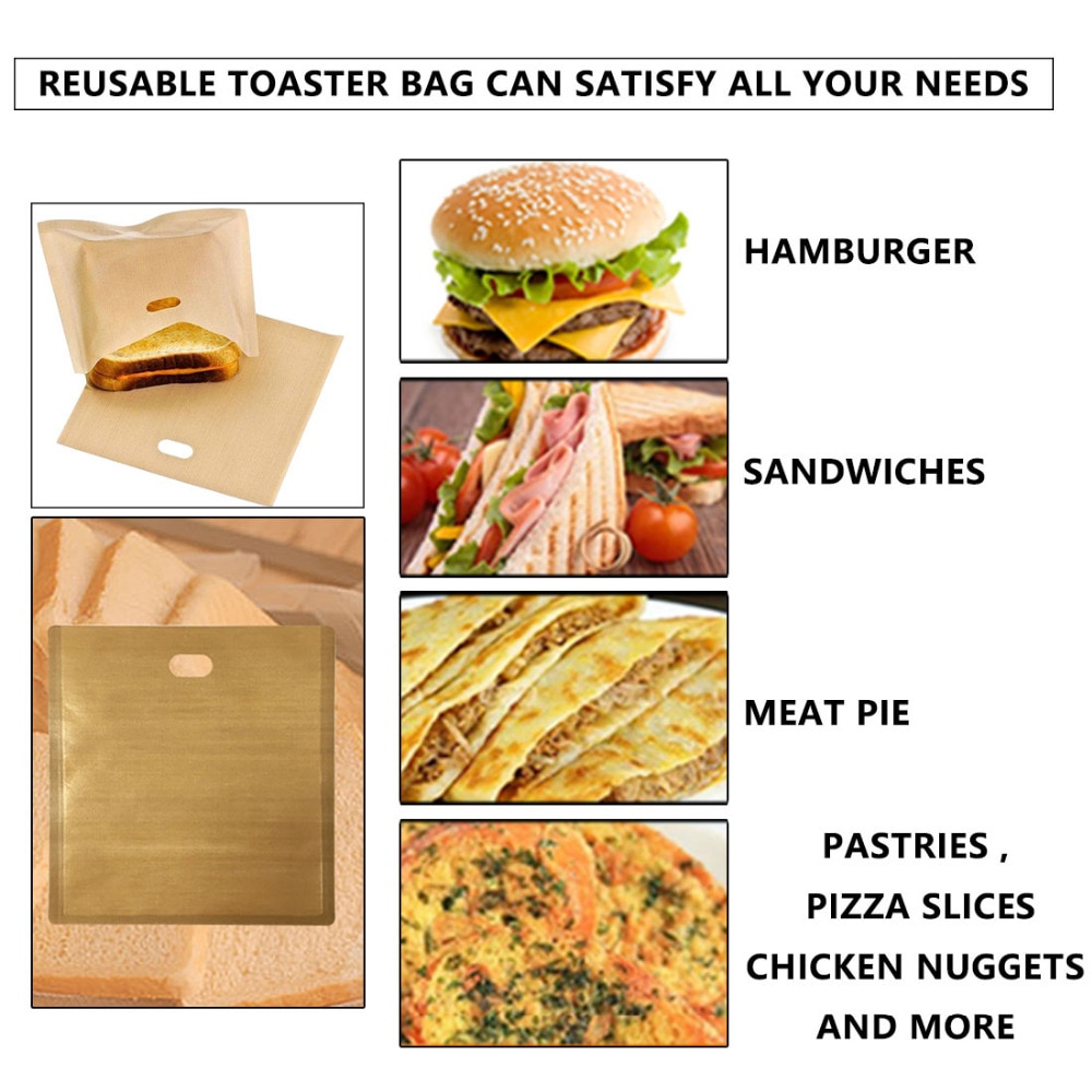 Genanvendelig brødristerpose non stick brødpose sandwichposer belagt glasfiber toast mikroovn opvarmning wienerbrød værktøjer