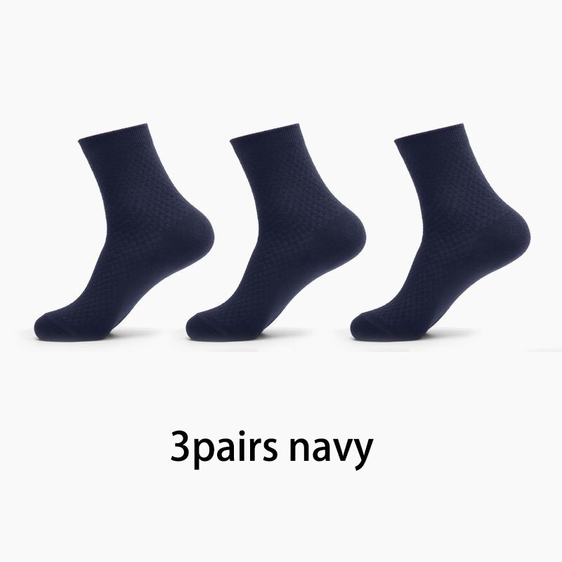 3 par/lot bambufiber långa strumpor herr crew strumpor rutiga affärsstrumpor man enfärgad höst calcetines hombre: 3 par marinblå