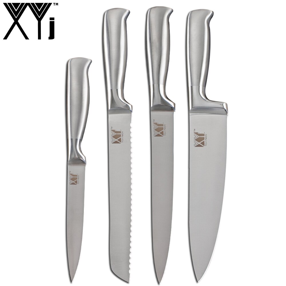 XYj-Juego de cuchillos de cocina de acero inoxidable, rebanador de pan de Chef, Santoku, Utilidad de pelar, soporte de cuchillo de acero inoxidable: 4PCS SET