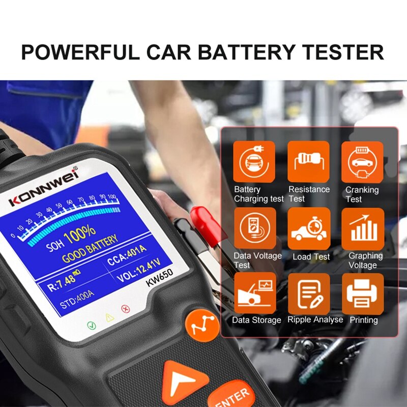 Probador de batería de coche KONNWEI KW650 6-16V Analizador de sistema de batería de motocicleta de coche 100-2000CCA Carga de coche herramienta de diagnóstico de arranque