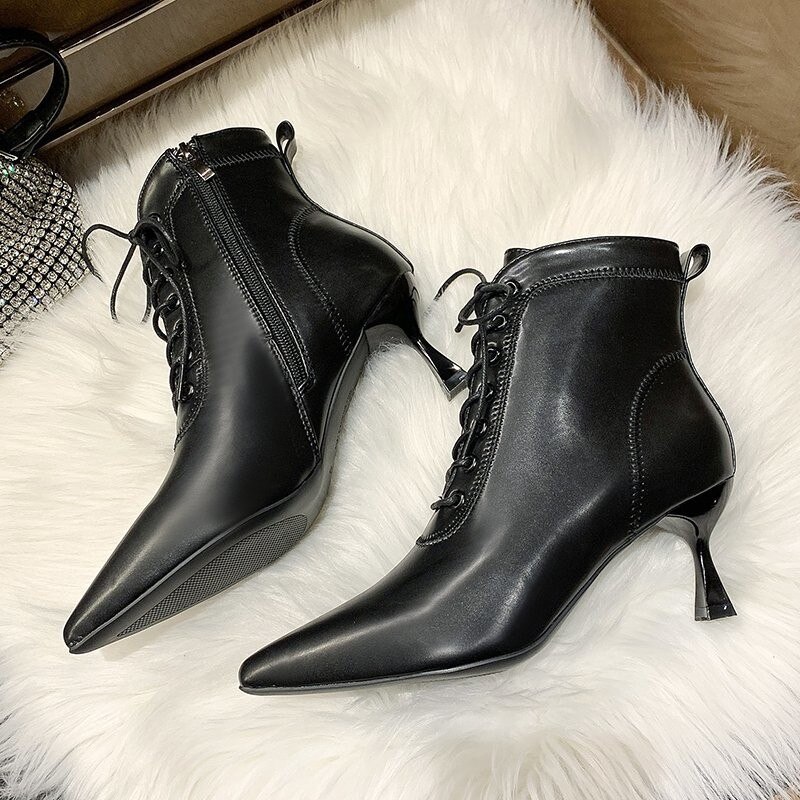Stijl leren puntige neus stiletto hoge hakken winter streetwear veter enkellaarsjes kruisstrik chelsea boots