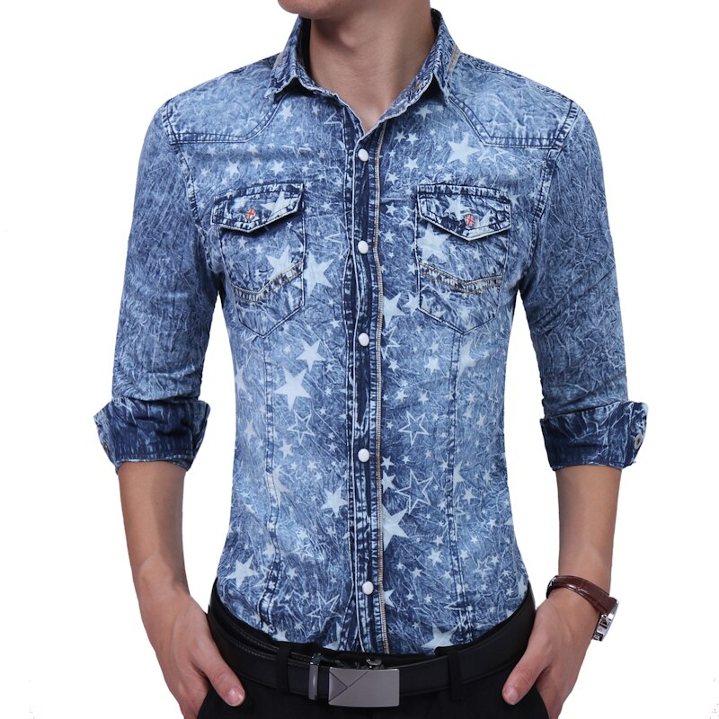 Cowboy miesten paita pitkähihainen miesten denim paita merkki denim paita tähtikuvio aasialainen koko sininen