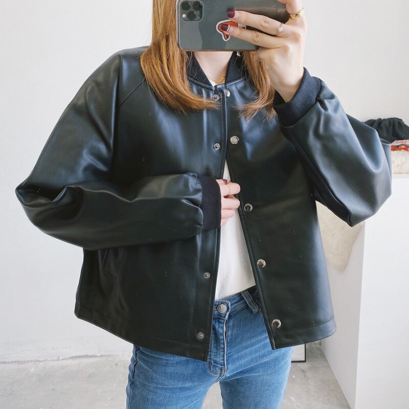 Chaqueta de cuero sintético para mujer, abrigo corto de piel sintética suave, negro y rojo, chaqueta de motorista con cremallera, holgado de talla grande, prendas de vestir, otoño