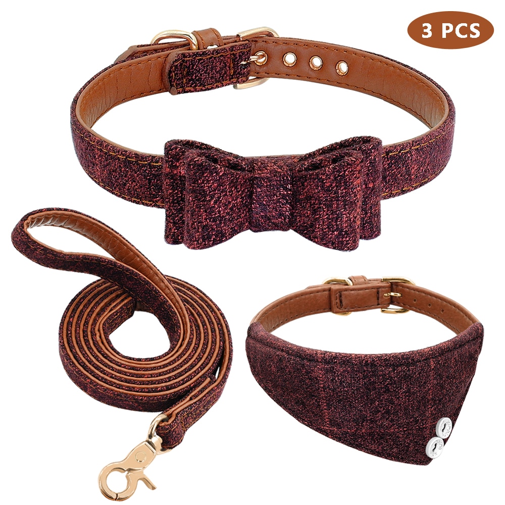 Hundhalsband bandana koppel set hundar katt bowknot läderhalsband bandana scraf med gående koppel husdjur tillbehör