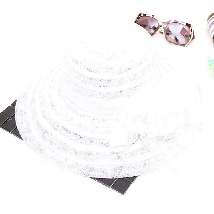 Ladies Women Casual Beach Organza Lace Wide Brim Kentucky Derby Sun Hat Wedding Tea Party Church Cap: White