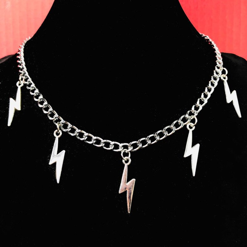 Unisex Lightning Bolts Silver Color Curb Cuban Chain Choker Necklace Chunky Goth Punk Rock Hip-hop Street Jewelry: Default Title