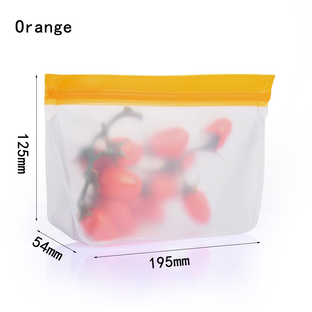 3 size Silicone Fresh Bag Reusable Freezer Food Storage Container Kitchen Organizer Stand Up Leakproof Zip Shut Bags: 195x125mm(Orange)