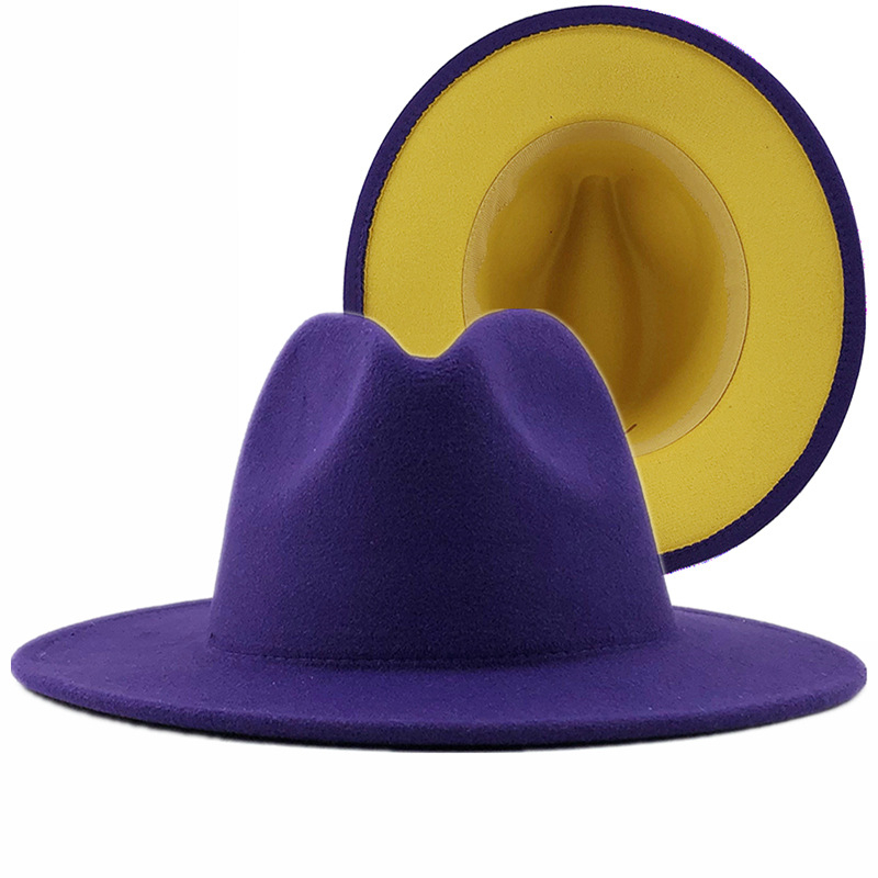 Purple Yellow Patchwork Unisex Panama Wool Felt Fedora Hats with Belt Buckle Women Men Wide Brim Party Trilby Gambler Hat 60CM: 06 / 56 58CM