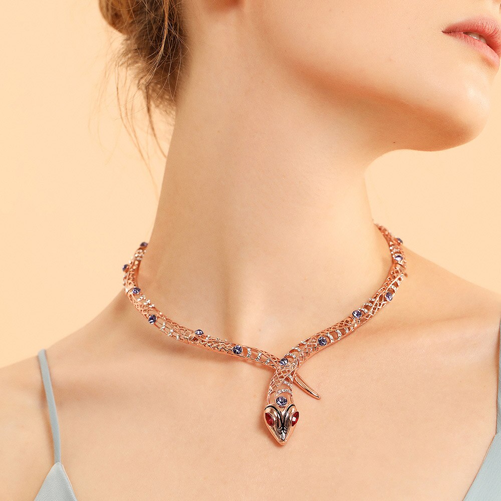 Viennois Snake Necklaces for Women Serpent Choker Necklaces Rose Gold Rhinestone Collar Necklace Bridal Wedding Jewelry