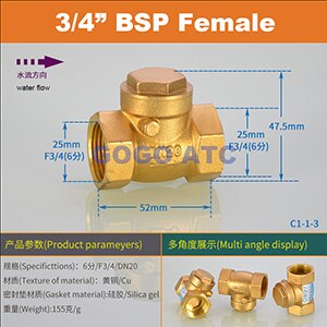 DN15/DN20/DN25 1/2 3/4 1 inch brass In-Line spring vertical check valve for Water meter female male one way valve: C1-1-3