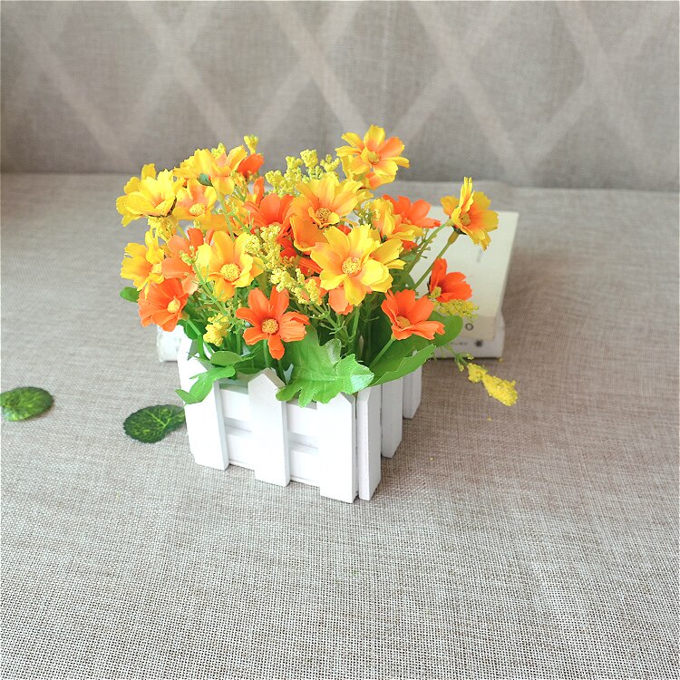 1 sett tregjerdevase + blomsterrose og tusenfryd silke kunstige blomster hjemmedekorasjon hageinnredning bursdag: C