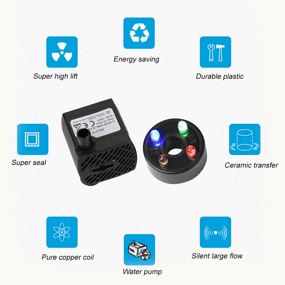 2W Water Pump Fish Tank Pump Aquarium Fountain Submersible Water Pump Silent LED Aquarium Pump Waterproof Fish Pond Water Pump