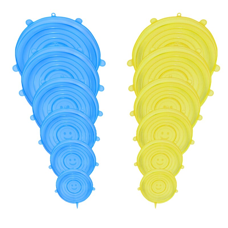 6/12 stuks siliconen rekdeksels universele voedsel siliconen wikkel kom pot deksel siliconen deksel pan koken keuken accessoires voedsel deksel: Blauw-geel -12 stuks