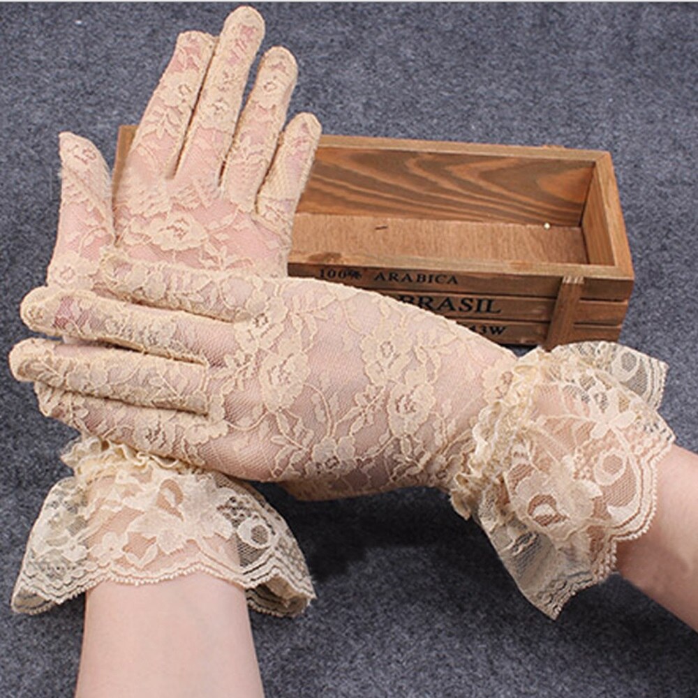 Women Lady Lace Ruffles Floral Gloves Party Prom Bride Wrist Mittens Beige Black Pink Red White
