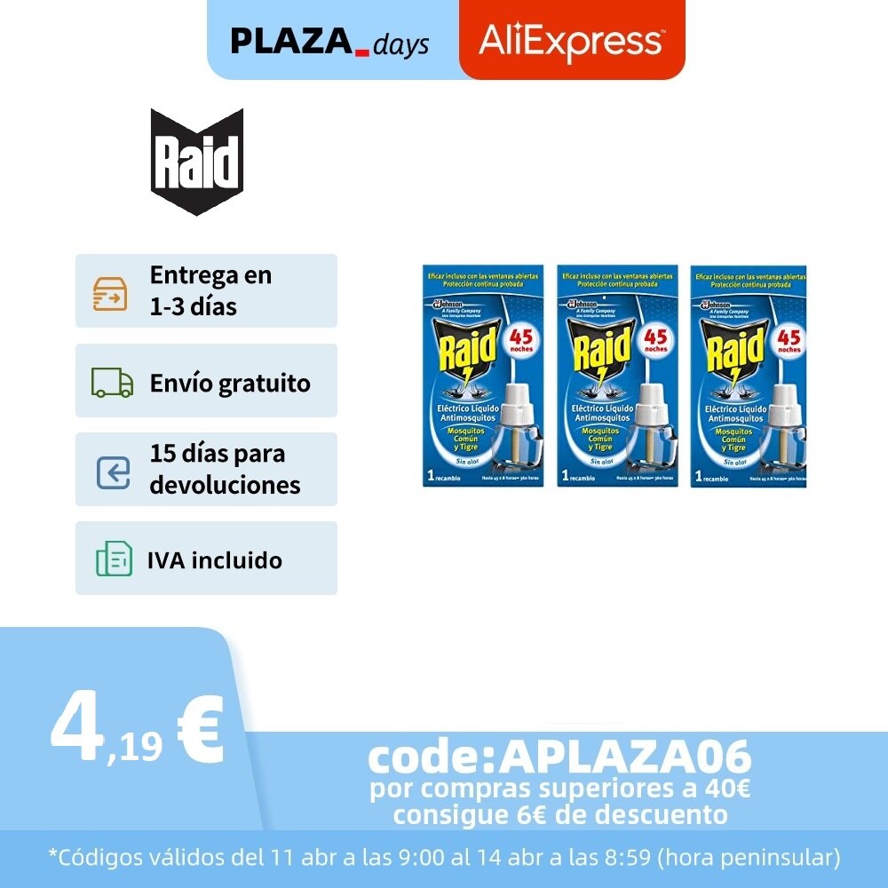 Raid - Recambio para difusor eléctrico anti mosquitos comunes y tigre, 3 x 45 noches (Pack 3 recambios, 135 noches) )
