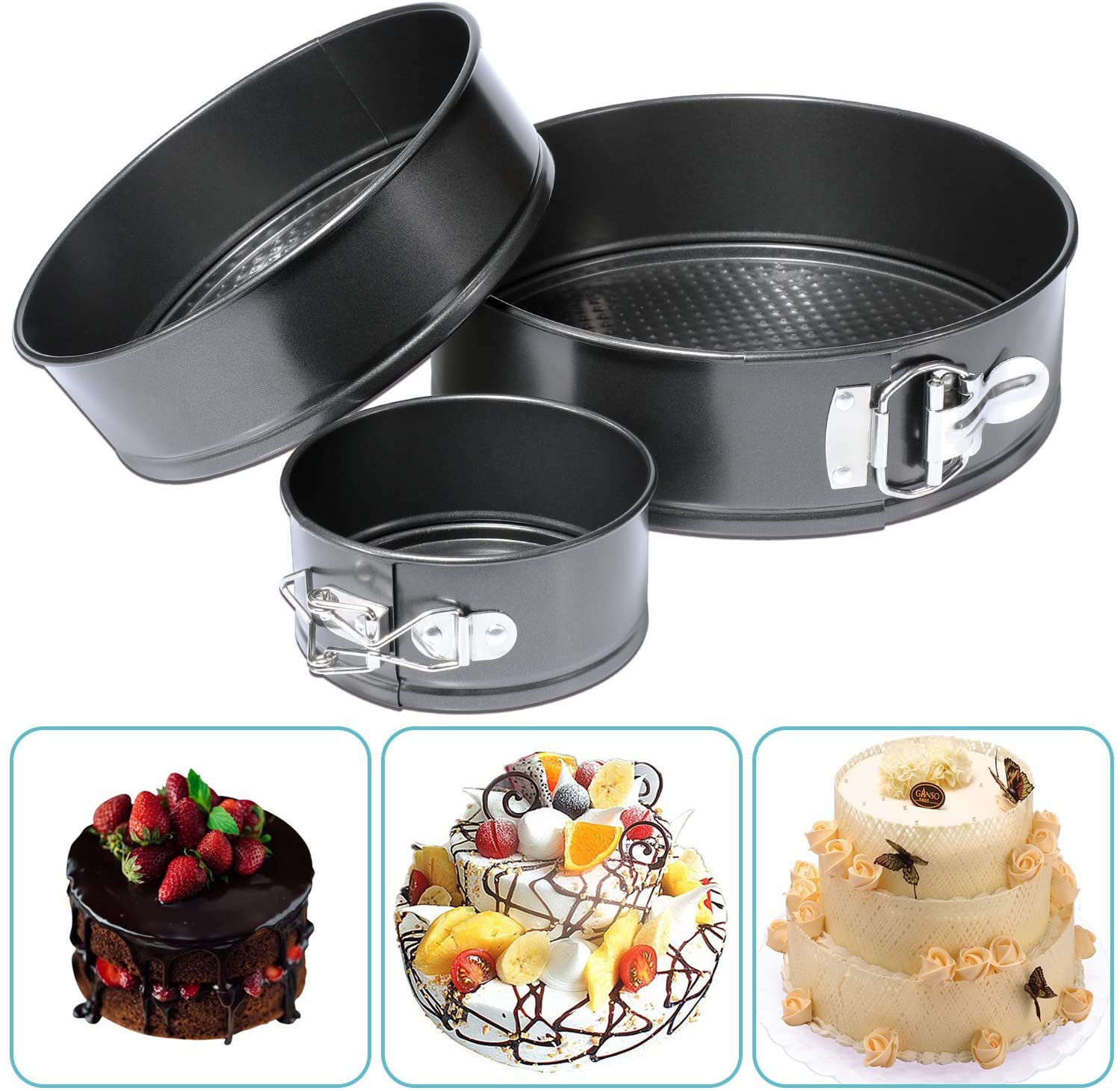 Leakproof Round Cake Pan Set Includes 3 Pieces 6" 8" 10" Springform Pans with 150 Pcs Parchment Paper Liners
