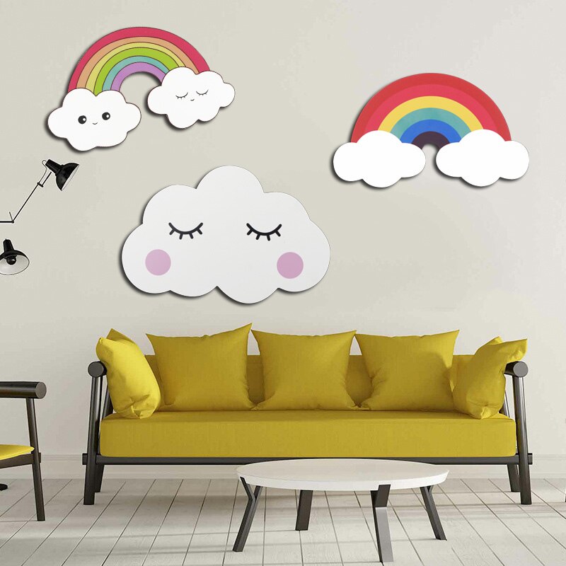Beautiful 3D DIY Rainbow Clouds Wall Poster Stickers Bedroom In Wall Sticker Kids Room Home Decor Wood Plate Wooden Wall Decor