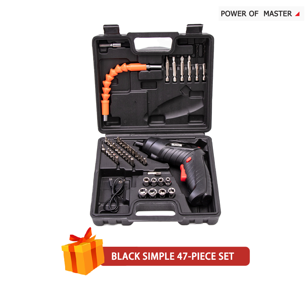 Wireless Electric Screwdriver Set Rechargeable Drill and Screwdriver Battery Twistable Handle LED For Woodworking Power Tools: Black-47pcs set