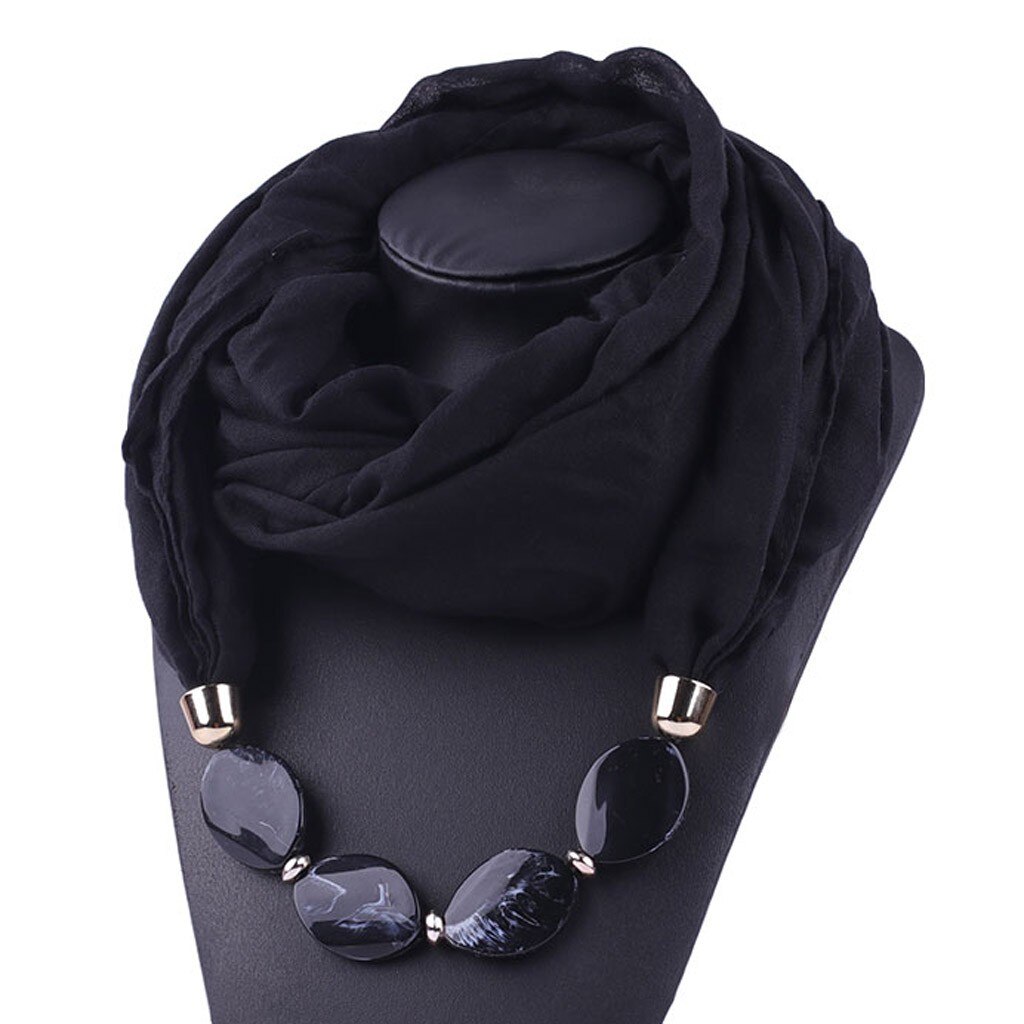 Collier de bijouterie décoratif multi-style | Collier en résine de perles, pendentif écharpe pour femmes, foulards de tête Hijab en coton lin doux, Echarpe # YJ Femme: Black 