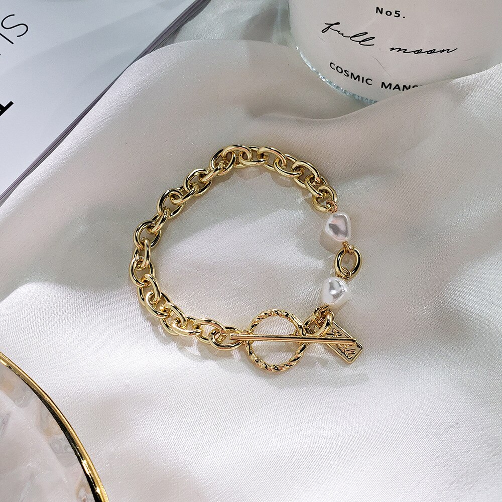 style personality retro gold plated human like pearl bracelet ocean wind gold thick bead chain bracelet Jewelry woman: Rose Gold Color