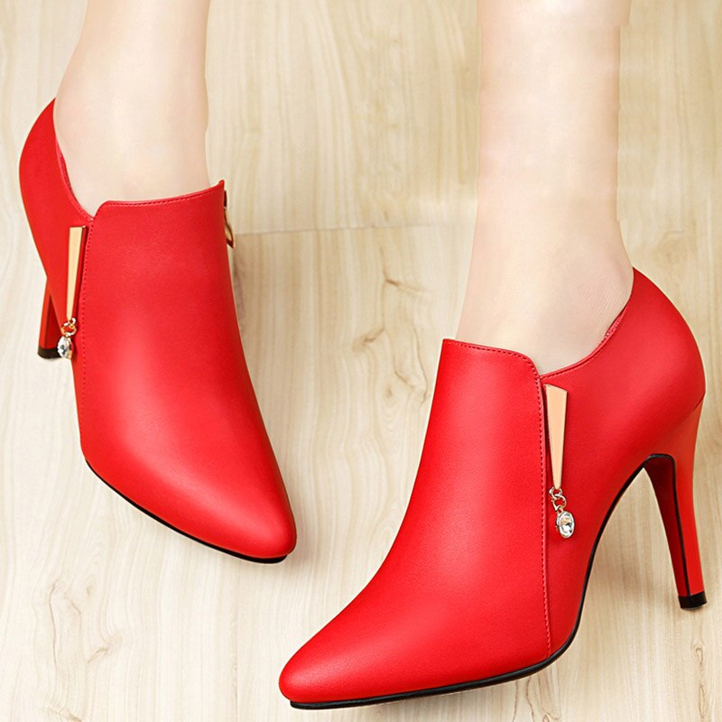 Winter super hoge hakken enkellaarsjes kristal blote laarzen dames nette schoenen dunne hakken puntige neus laarzen vrouw zwart rood 8273c