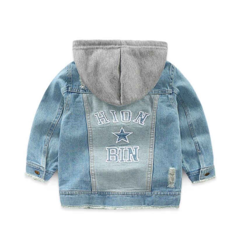 Jaqueta infantil de denim com capuz, roupas esportivas para garotos e crianças de primavera, outono, jeans quebrado para 2-7t