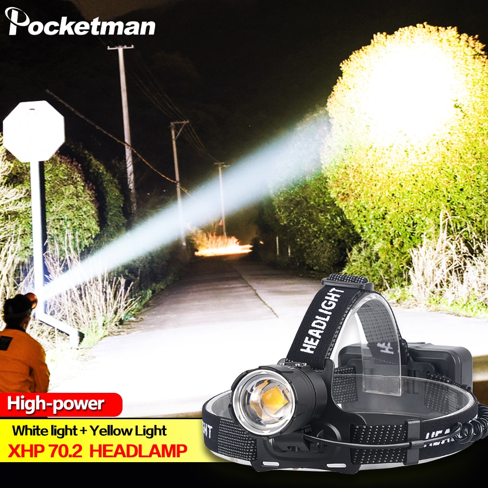 100000LM XHP70.2 LED Scheinwerfer XHP70 Gelb Weiß LED Scheinwerfer Angeln Camping Zoomen USB Aufladbare Taschenlampe Verwenden 3*18650 batterien