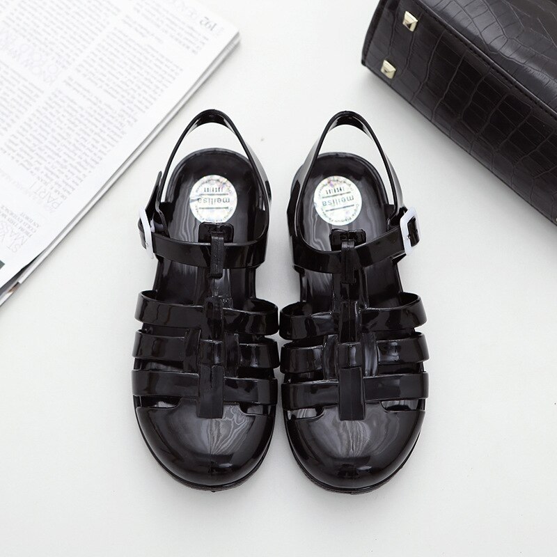 ¡Novedad de ! sandalias elegantes de verano para mujer, zapatos de gelatina de cristal, zapatos de playa, botas, zapatos de plástico antideslizantes para estudiantes: Black / 6,5