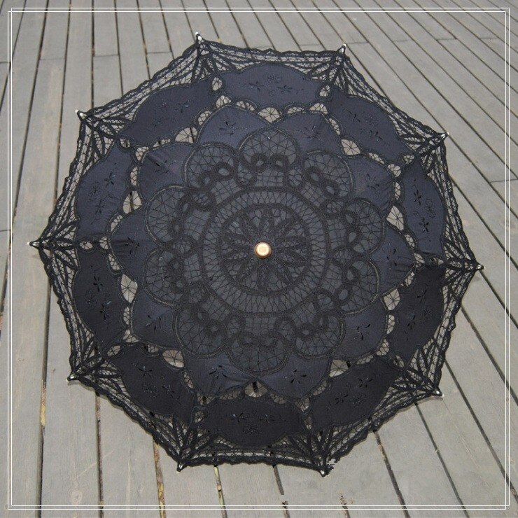 Sombrilla de encaje de Battenburg y ventilador, conjunto de paraguas de boda, abanico de encaje y sombrilla de boda, sombrilla de encaje: Black