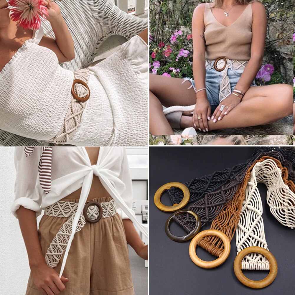 Hebilla de madera redonda trenzada a mano para mujer, Cinturón liso de Estilo bohemio, cuerda de cera, cinturón de punto, cinturones informales de color caqui para mujer,