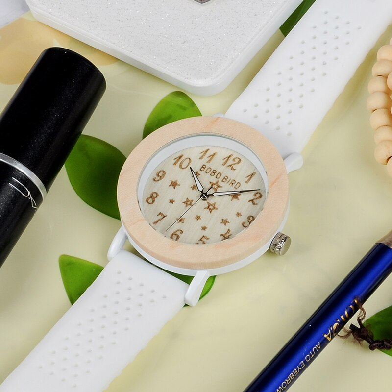 BOBO BIRD P21-relojes de madera para mujer, reloj de vestir de cuarzo con correa blanca, serie Star