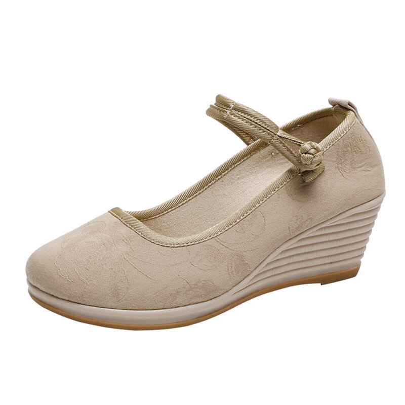 Beijing tissu chaussures chanson vêtements cale Sandlas Style National disque boucle littéraire chaussures pour femmes chaussures simples: Beige / 36