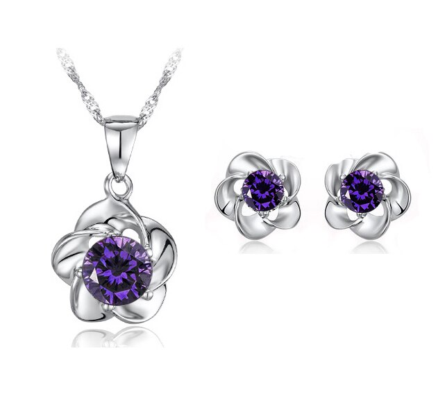 Mooie Wo Bridal Set Niew Brand Sieraden Sets Zirkoon Instellen Bloem Hanger Ketting Oorbellen Sieraden: purple