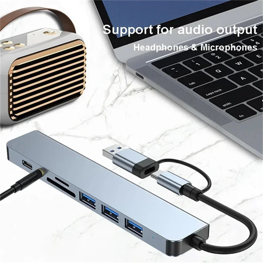 8 in stații de andocare hub usb tip c cu 3.5mm adaptoare jack audio cititor 2 carduri micro sd laptop tabletă telefon convertor disc