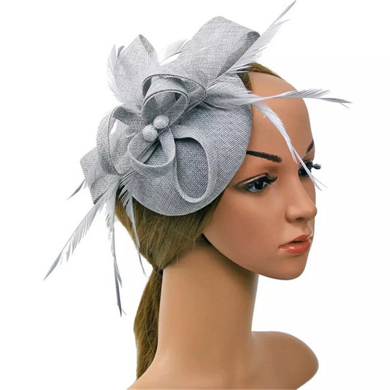 fascinante Clip de pelo diadema sombrero redondo velo de plumas boda Clip de pelo malla cóctel boda sombrero: Gris