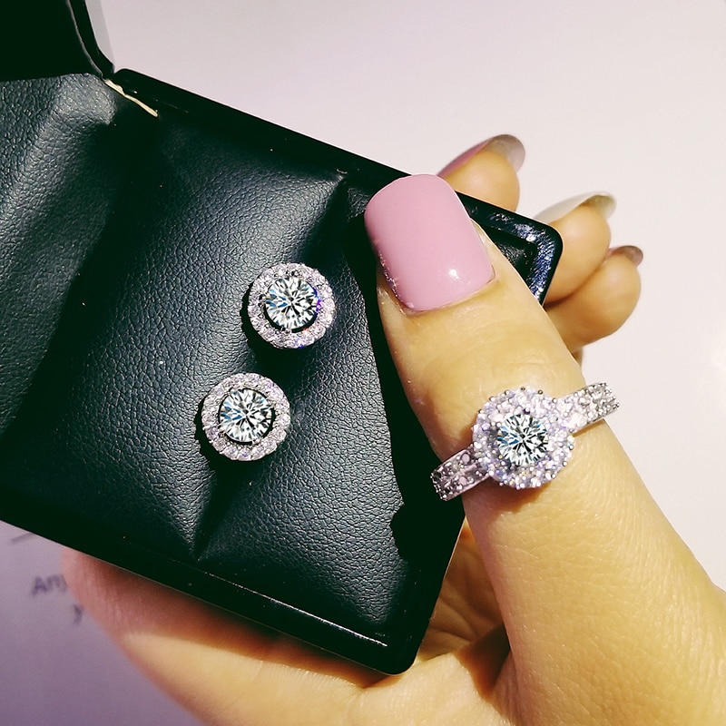 925 Sterling Silber Schmuck einstellen Heiligenschein Engagement Ring runde Zucht ohrring für Hochzeit Valentinstag Weihnachten J4927b