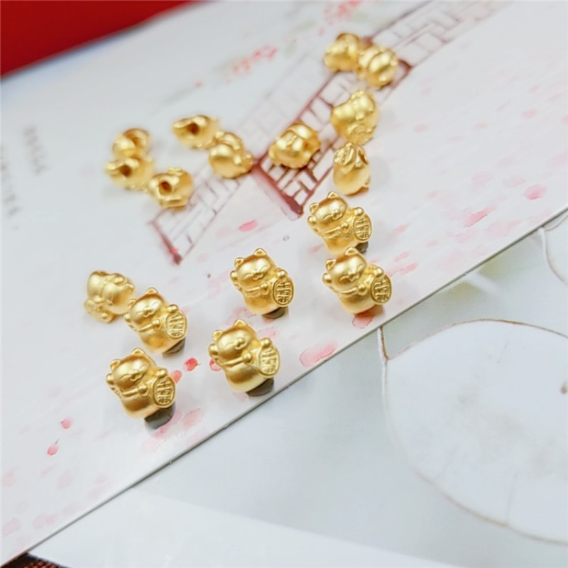 1Pcs Real 24K Geel Gouden Hanger Vrouwen 3D Mini Lucky Cat Bead 0.13-0.2G 5.8x7mm