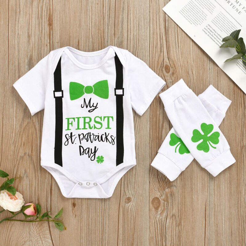 Baby sommarkläder nyfödd pojke flicka unisex bomull jumpsuit kortärmad klöver bodysuit påskkläder set soldräkt
