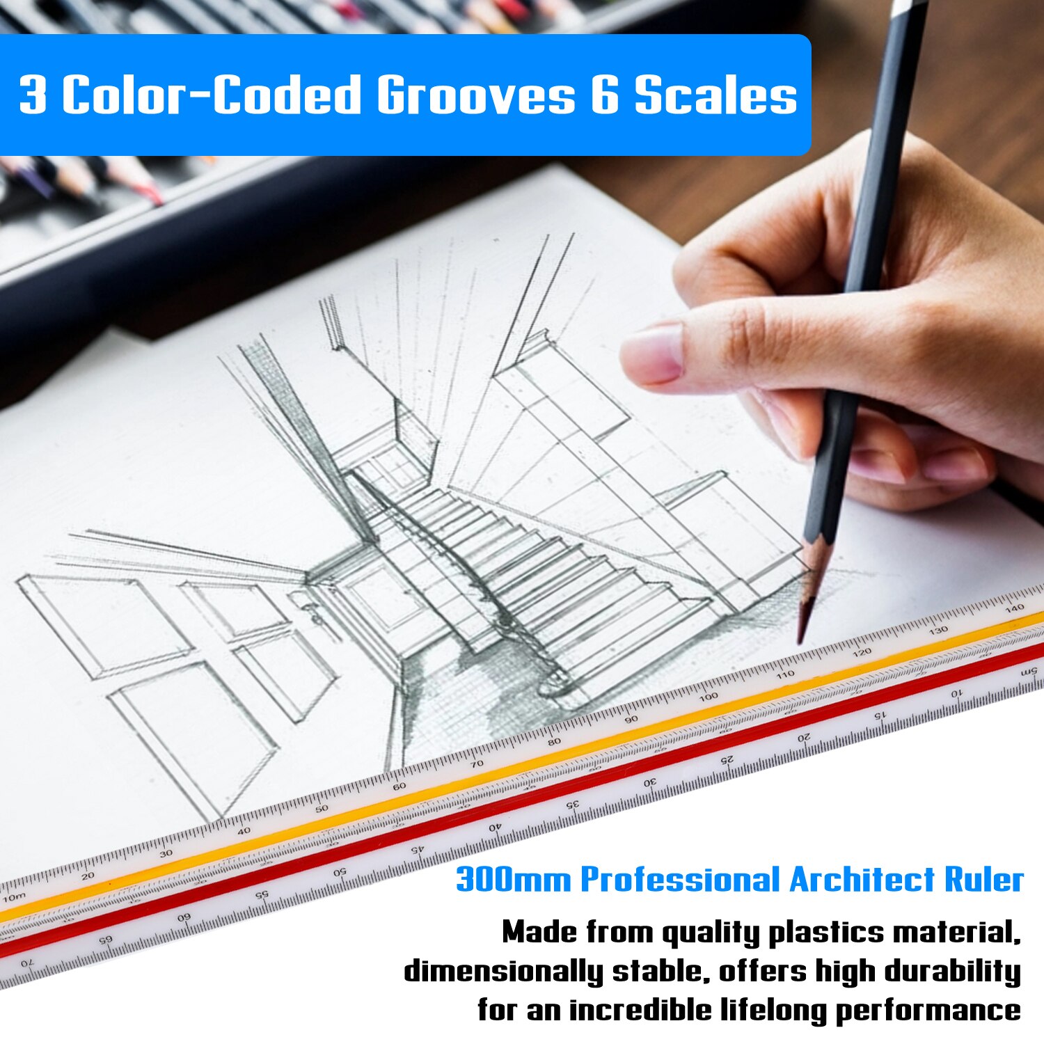 300mm Architect Three-edged Ruler 3 Color-Coded Gr... – Vicedeal