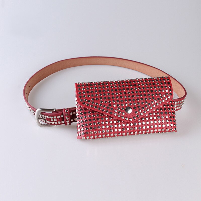Women Waist Bag Female Belt Brand Pu Leather Purse Rivet Fanny Pack Ladies Waist Pack Belly Bags: Red