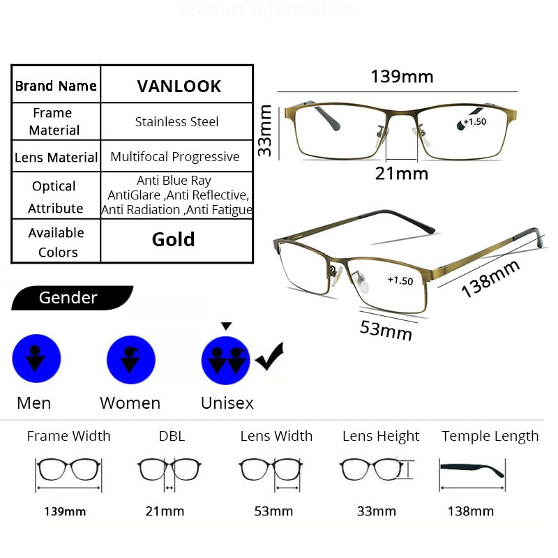 Vanlook progressive multifokale læsebriller computer til mænd kvinder synet klare justerbare briller rød  +1.0 1.5 2 2.5 3 3.5