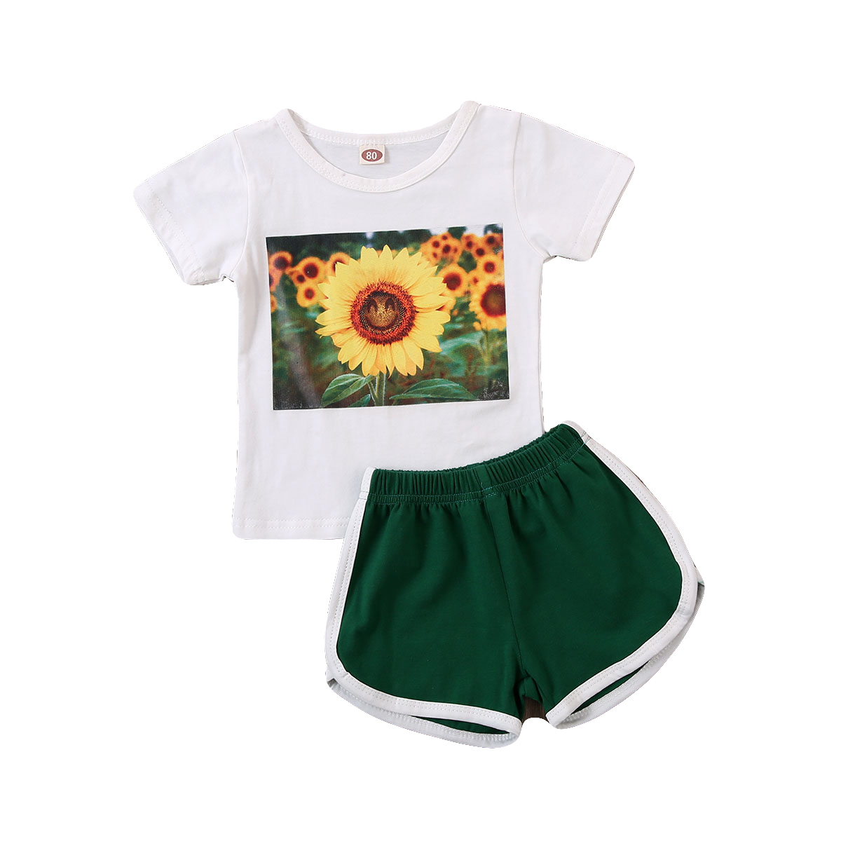 2-7y sommer toddler baby piger sports tøj sæt solsikker print korte ærmer t shirts toppe grøn shorts afslappet tøj: 2-3 y