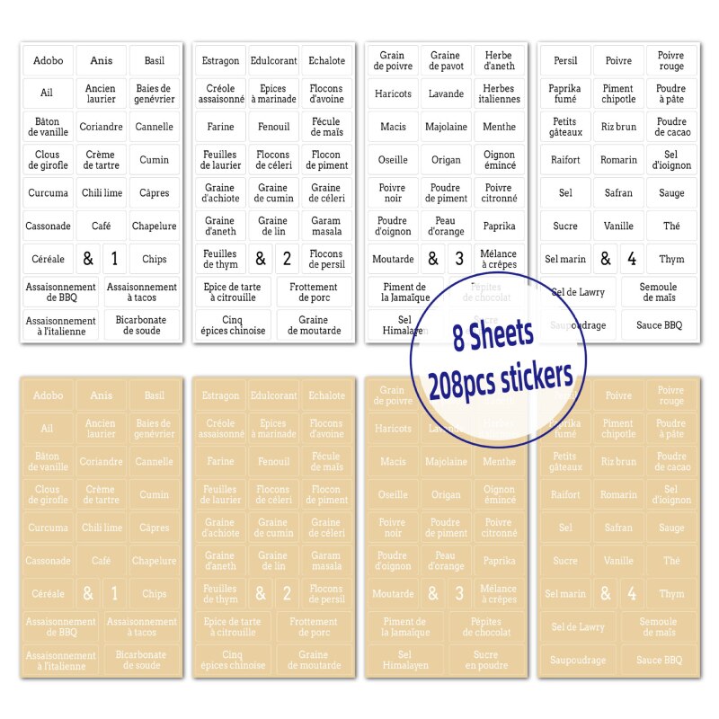 208Pcs French Language Spice Label Sticker Black And White Waterproof Pantry Organizaton Seasoning Jars Labels Kitchen Sticker: Default Title