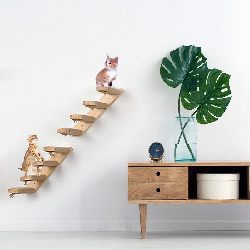 Natuurlijke Houten Kat Klimmen Plank Trap Muur Gemonteerd Vier Stap Kat Trap Met Jute Scratch Voor Katten Baars Platform Levert