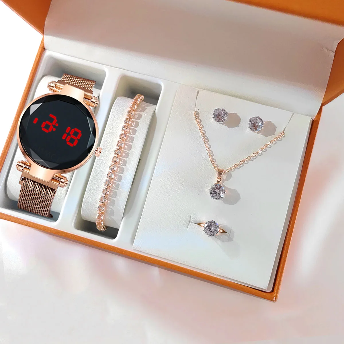 Reloj LED de lujo para mujer, pulsera magnética, collar, pendientes, anillo, reloj de vestir Digital de oro rosa, reloj de pulsera de cuarzo para mujer: Morado