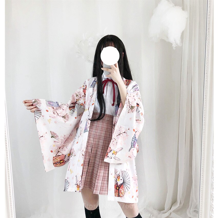 Flower Print Kimono Coat Japanese Traditional Haori Top Kawaii Girls Sakura Warrior Streetwear Yukata Cat Cute Cardigan