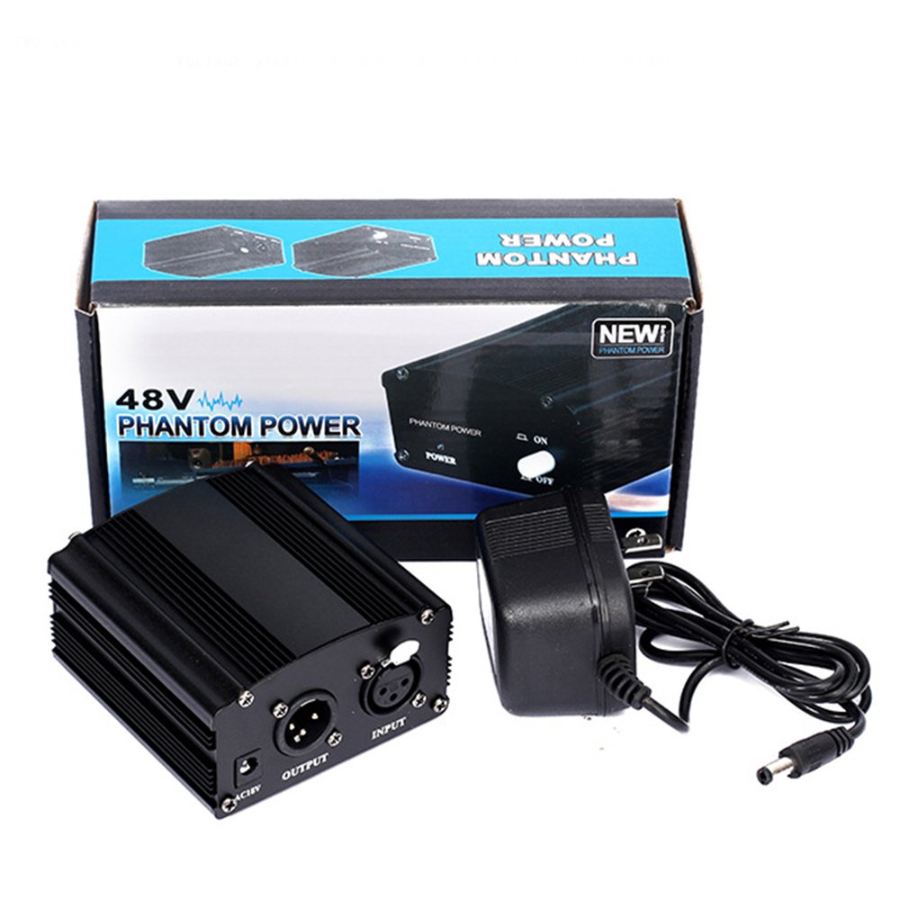 , fuente de alimentación Phantom de 1 canal 48V con micrófono + adaptador AU US enchufe de la UE para cualquier micrófono condensador de grabación