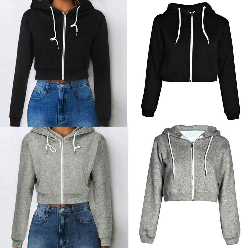 Women Solid Crop Hoodie Zipper Sweatshirt Zip Cosy Hoody Dance Ladies толстовка женская W510