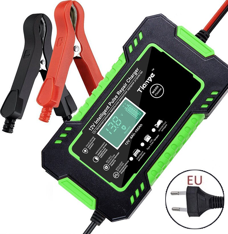 Auto Acculader 12V 6A Intelligent Snel Opladen Puls Reparatie Type Full Auto-Stop Dual-Mode Loodzuur voor Motorfiets: Green EU Plug